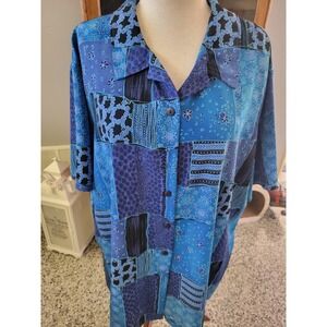 A Personal Touch 4X Blue Patchwork Print‎ Button Up Blouse Short Sleeve Made USA